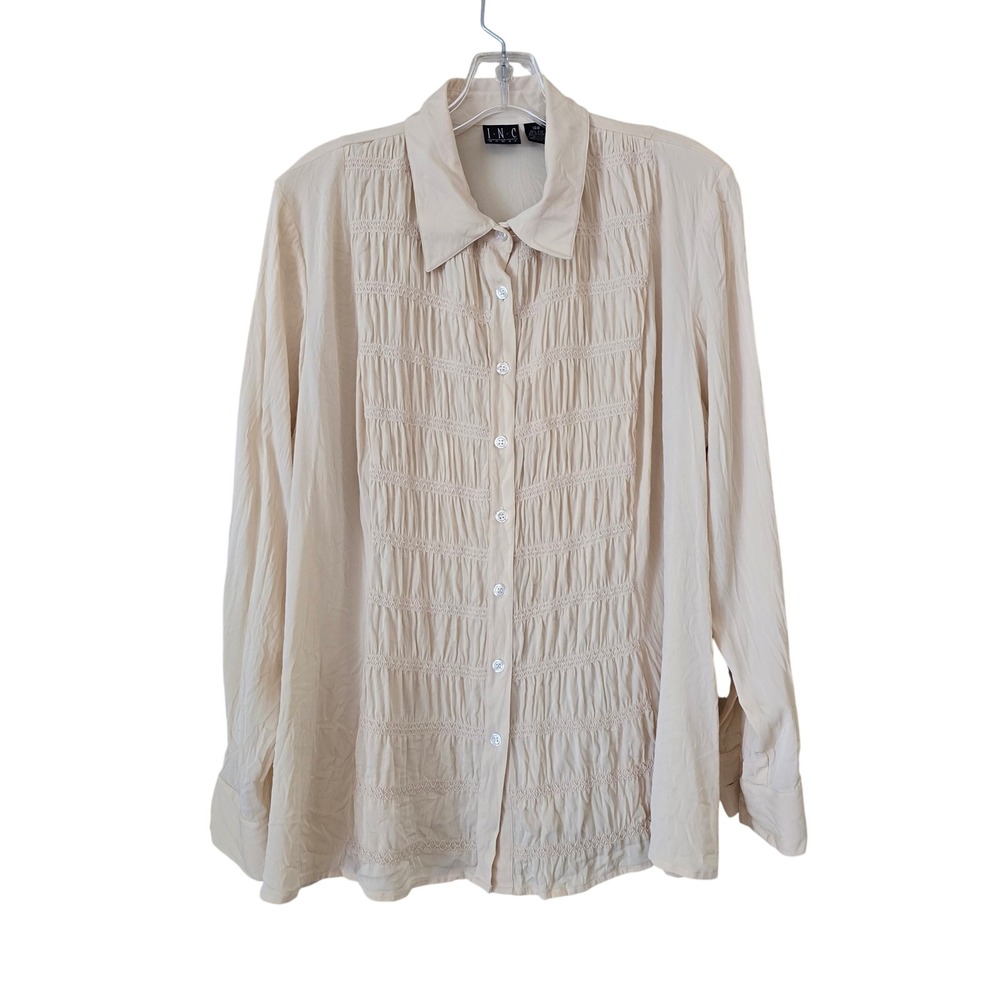 INC International Concepts Woman Silk Blend Smocked Button Down Blouse Beige 14W